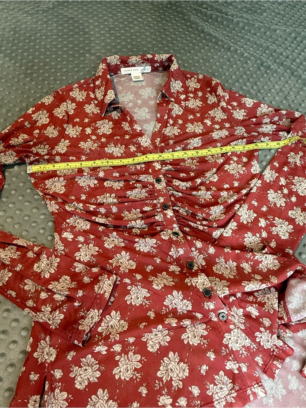 Altar'd State Red Floral Ruched Button-Down Shirt fairy whimsical - Picture 6 of 7